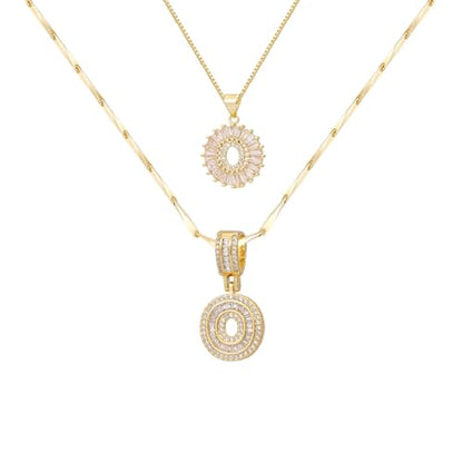2PCS Initial Necklaces for Women, 14K Gold Plated Letter Pendant Set | Trendy Layered Bling Style, Meaningful Letter & Round CZ Pendant Design - color: Gold, style: Letter O
