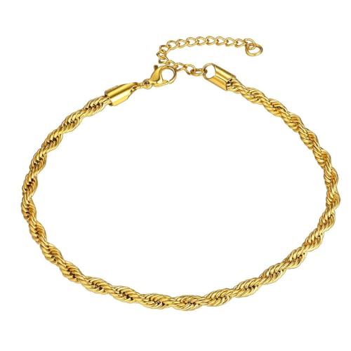 ChainsHouse Ankle Bracelets for Women, Stainless Steel Beaded Chain Ankle Bracelet, Womens Heart Anklets for Summer Beach Jewelry Gifts - color: M: twisted rope-6mm-gold