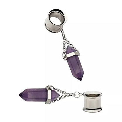 Pierced Owl 316L Stainless Steel Dangling Amethyst Stone Double Flared Tunnel Plugs, Sold as a Pair - style: 6mm (2GA)