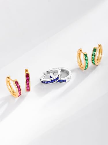 Chunky Emerald Sapphire Ruby Hoop Earrings, Princess or Round Cut, 14k Yellow Gold Plated Sterling Silver Cubic Zirconia Huggie Earings Minimalist Hoops Earrings for Women Wedding Daily Birthday - style: Princess cut -Sapphire -Gold