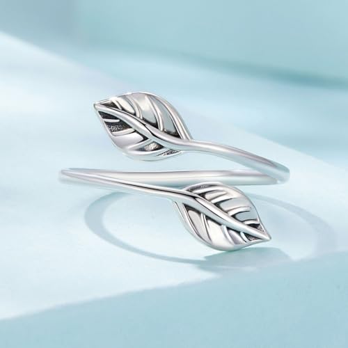 MUNDELL 925 Sterling Silver Simple Multi-layer Leaf Adjustable Ring Green Lucky Leaves Statement Ring for Women Promise Ring Fine Jewelry - color: Leaves