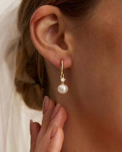 Pearl Earrings for Women Trendy Dainty Wedding Earring 14K Gold Plated/Silver Plated Dainty Cute Drop Dangle Pearl Earrings Studs Hypoallergenic CZ Diamond Wedding Earrings for Brides Prom Jewelry Gift for Women - color: 04.Gold hoop
