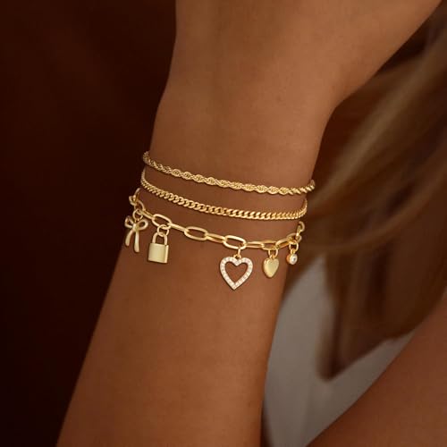 3PCS Charm Gold Bracelets for Women Non Tarnish,14k Plated Gold Bracelet Stack Cute Dainty Stackable Trendy Bow Cross Clover Bracelets Set Tarnish Free Gold Jewelry for Women Gifts - color: Lock-Gold