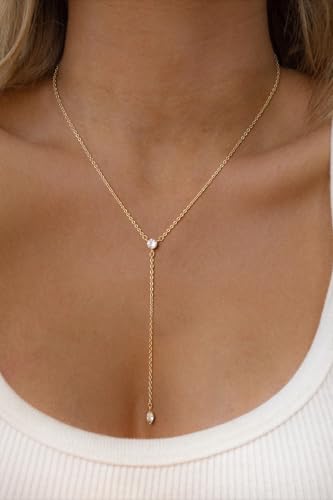Lariat Gold Necklace for Women, Dainty Long Necklaces 14k Gold Plated Y-Shaped Layered Drop Necklaces for Women Trendy Simple Gold Jewelry for Prom Vacation Gifts - color: Two CZ Y Necklace-Gold