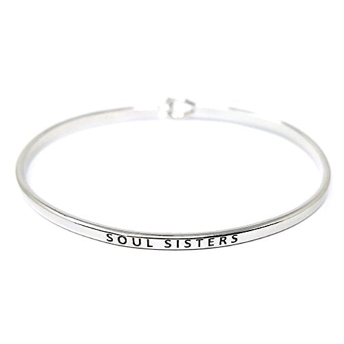 by you Inspirational Positive Message Engraved Thin Cuff Bangle Hook Bracelet - color: Soul Sisters-Silver