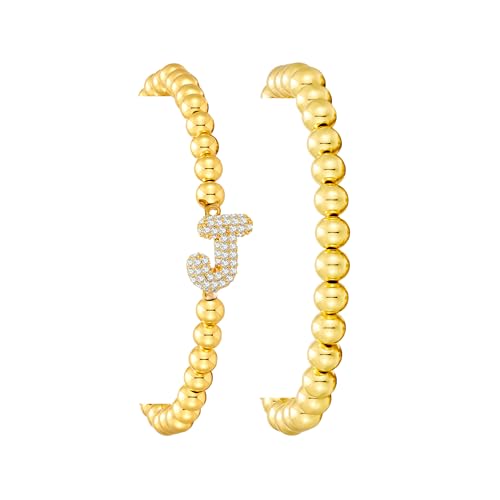 Initial Stack Bracelet Set for Women Trendy 14K Gold Plated Beaded Stackable Stacking Stretch Name Bracelets Dainty Friendship Waterproof Charm Cute Birthday Jewelry Gifts for Women - color: Initial J