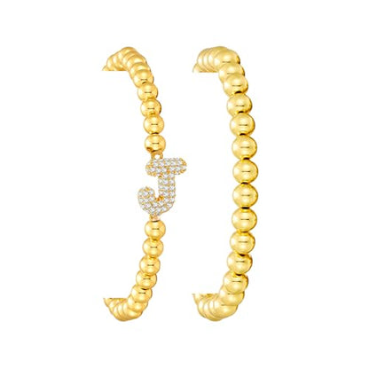 Initial Stack Bracelet Set for Women Trendy 14K Gold Plated Beaded Stackable Stacking Stretch Name Bracelets Dainty Friendship Waterproof Charm Cute Birthday Jewelry Gifts for Women - color: Initial J