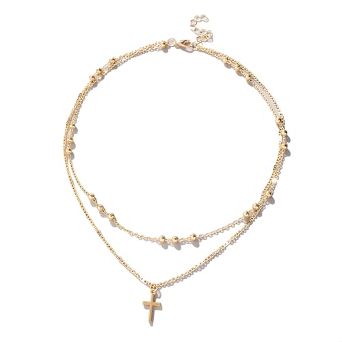 Alegend Dainty 14K Gold Double - Layer Cross Necklace for Casual & Formal - style: 14K Gold Beads+ Cross