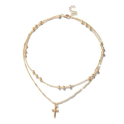 Alegend Dainty 14K Gold Double - Layer Cross Necklace for Casual & Formal - style: 14K Gold Beads+ Cross