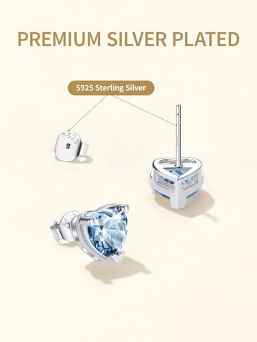FindChic 2 Carat Birthstone Stud Earrings for Women, Round/Heart/Princess Cut Stud Earrings, Hypoallergenic Studs with 925 Sterling Silver Posts, 12 Months Birthday Jewelry Gift - color: 03. March-Aquamarine(Heart Cut)