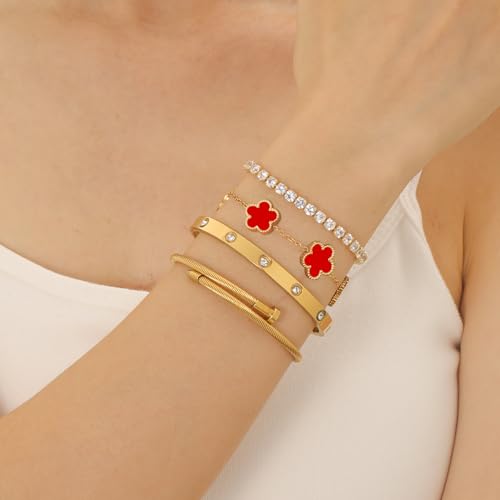 Gold Bracelets for Women, 18K Gold Plated Women Tennis Bracelets Clover Nail Love Bangle Bracelet Set, Gold Bracelet Stackable Set Trendy Jewelry, Gifts for Women's Day and Mother's Day - color: 05-Color-red