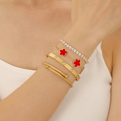 Gold Bracelets for Women, 18K Gold Plated Women Tennis Bracelets Clover Nail Love Bangle Bracelet Set, Gold Bracelet Stackable Set Trendy Jewelry, Gifts for Women's Day and Mother's Day - color: 05-Color-red
