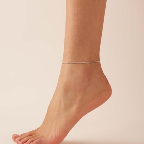 Dainty Ankle Bracelets for Women 18K Gold Plated Waterproof | Satellite Beaded Herringbone Lip Chain Anklets Simple Minimalist Summer Beach Foot Jewelry, Gift Box Included - color: Satellite-White Gold