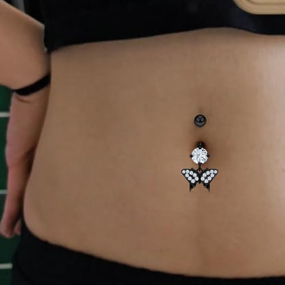 Vsnnsns 14G Dangle Belly Button Ring Piercing Jewelry 316L Stainless Surgical Steel Snake Heart Butterfly Flower Diamond CZ Navel Rings Dangling Belly Button Ring Piercing Jewelry for Women 14 Gauge - color: Black Tone