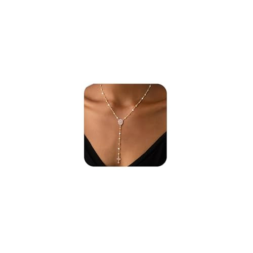 CHESKY Lariat Necklace for Women，14k Gold/Sliver Plated Layered Necklace | Gold/Sliver Long Necklace，Dainty Cross Pendant, Wedding Y-Shaped Drop Chain, Waterproof Jewelry Gift for Women Everyday Wear - style: CrossRosary