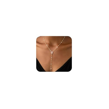 CHESKY Lariat Necklace for Women，14k Gold/Sliver Plated Layered Necklace | Gold/Sliver Long Necklace，Dainty Cross Pendant, Wedding Y-Shaped Drop Chain, Waterproof Jewelry Gift for Women Everyday Wear - style: CrossRosary