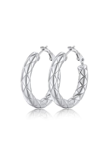 FindChic Chunky Hoop Earrings for Women, Silver/Black/14K Gold Plated Crossover Patterned Hollow Tube Rounded Loop Earrings, 30mm/40mm/60mm/80mm Hoops with Custom Name Options and Gift Box - color: b.Silver, size: 30MM