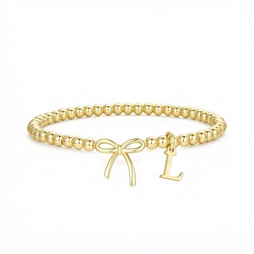 Letter A-Z Bracelets for Women Teen - Inital Beaded Bracelet with Bowknot Charm, Dainty Stretch Stackable Bracelet, Trendy Jewelry Gifts for Birthday Easter Basket Stuffers - style: Gold: L