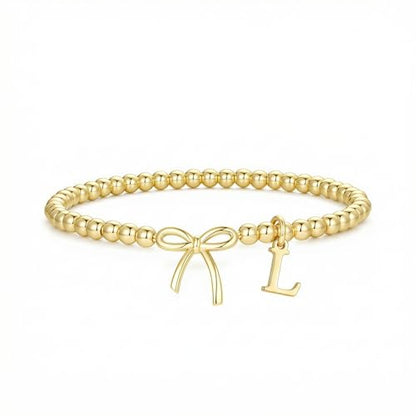 Letter A-Z Bracelets for Women Teen - Inital Beaded Bracelet with Bowknot Charm, Dainty Stretch Stackable Bracelet, Trendy Jewelry Gifts for Birthday Easter Basket Stuffers - style: Gold: L