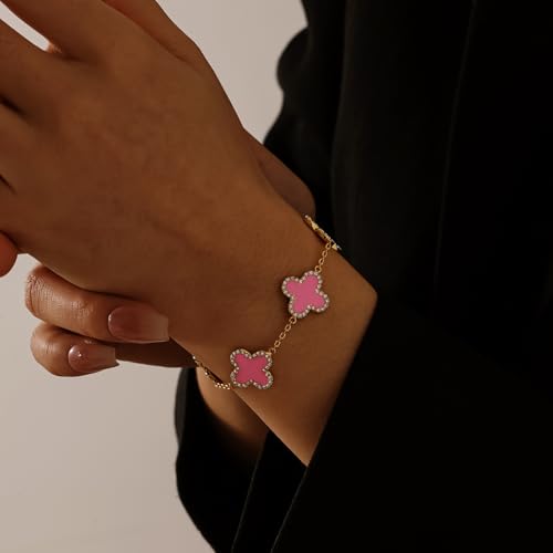 Qitian Clover Bracelet for Women 18K Gold Four Leaf Pink Lucky Link Clover Bracelets, Trendy Bracelets Set Jewelry Gifts for Women - color: A-Pink