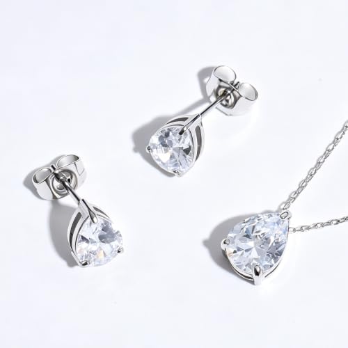 5A Cubic Zirconia Hypoallergenic Necklace and Earrings Set for Women, Dainty Stainless Steel Teardrop Solitaire Jewelry Sets Gift for Her - color: Silver