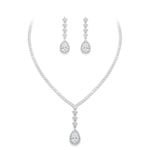 EVER FAITH Pear Shaped Cubic Zirconia Bridal Wedding Jewelry Set for Women | Gorgeous Water Drop Bride Necklace Dangle Earrings, for Bride Bridesmaid - color: White Silver-Tone