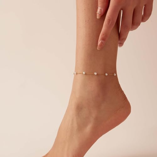 Ankle Bracelets for Women 18K Gold Plated Dainty Layering Anklets for Women Layered Twisted Rope Coin Chain Anklet Bracelets Waterproof Beach Summer Foot Jewelry - color: Pearl Chain-Gold