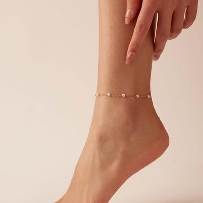Ankle Bracelets for Women 18K Gold Plated Dainty Layering Anklets for Women Layered Twisted Rope Coin Chain Anklet Bracelets Waterproof Beach Summer Foot Jewelry - color: Pearl Chain-Gold