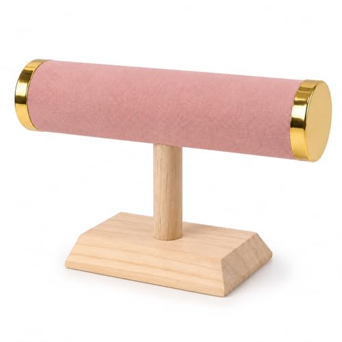 Jewelry Display T-Bar Stand, 9 Inch Pink Velvet Bracelet Holder with Gold-Tone End Caps, 1-Tier Bangle and Watch Stand with Natural Pine Base for Vanity and Retail Counter - color: Black