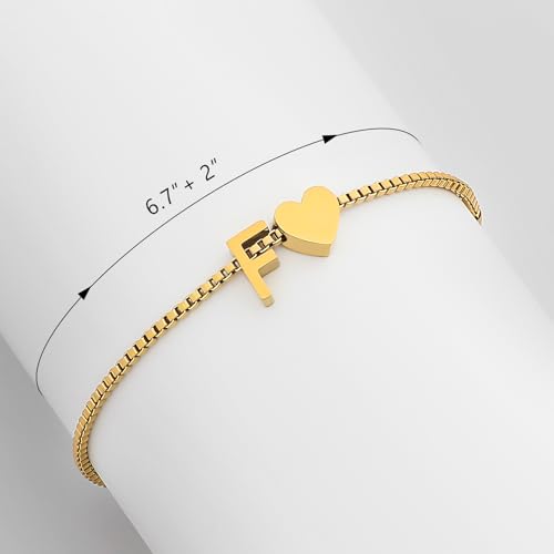 Gold Initial Bracelet for Women Dainty Personalized Name Bracelet | 14K Gold Plated, Letter A-Z Bracelet, Tiny Gold Initial Cute Heart Bracelet Jewelry Gift - color: F