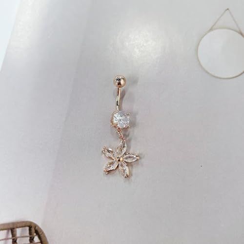 14G Crystal Flower Dangle Belly Button Ring for Women Stainless Steel Rhinestone Fashion Statement Lucky Floral Dangling Charm Curved Barbell Navel Rings Simple Sexy Summer Beach Body Piercing Jewelry - color: Rose Gold