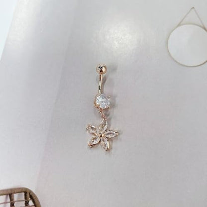 14G Crystal Flower Dangle Belly Button Ring for Women Stainless Steel Rhinestone Fashion Statement Lucky Floral Dangling Charm Curved Barbell Navel Rings Simple Sexy Summer Beach Body Piercing Jewelry - color: Rose Gold