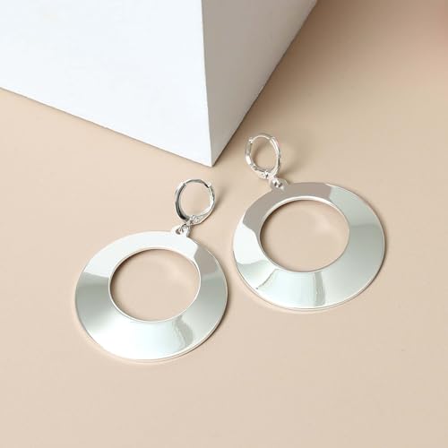 Dangle Hoop Earrings for Women,14k Gold/Silver Plated Geometric Hoops Earrings with High Polished Surface,Hypoallergenic Huggie Drop & Dangle earrings for Women - color: Round-Silver
