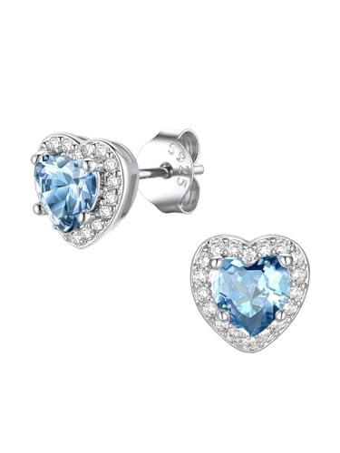 FindChic Birthstone Earrings for Women, Round/Heart/Square/Teardrop Earrings with 925 Sterling Silver Posts & Push Backs, Hypoallergenic Studs with Cubic Zirconia, 12 Months Jewelry with Gift Box - style: 03. March-Aquamarine (Heart-Silver)