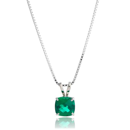 MAX + STONE 925 Sterling Silver Cushion Cut Birthstone Necklace for Women | 6mm Hypoallergenic Solitaire Necklace | Gemstone Pendant Necklaces with 18 inch Box Chain - color: Created Emerald