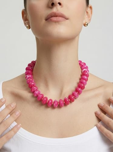 Elegance 11 designs Colorful Chunky Beaded Necklace for Women,Thick Acrylic Disc Bead Choker Statement Necklace Cute Trendy Necklaces Jewelry Gifts for Women - color: Rose red
