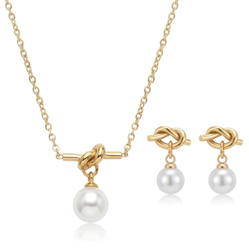 Gold Jewelry Sets for Women, Gold Pearl Dangle Earrings Bracelets Necklaces Set, Women's Jewelry Gifts for Women Wife - style: Gold Pearl Necklace Set-2PCS