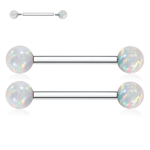 FUNLMO 1 Pair Nipple Piercing Jewelry Titanium Nipple Rings Internally Threaded Tongue Rings Bridge Piercing Jewelry Opal Nipple Barbells - color: Silver, White Opal Ball