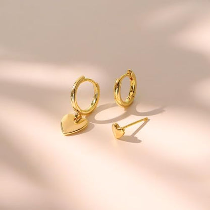3 Pairs Earring Stacks, Gold Earring Set Jewelry Gift for Women | Small, 14K Gold/White Gold/Black/Rose Gold Plated, Hypoallergenic, Her, Everday, Stackable, Simple, 3 Holes - color: Gold-Heart