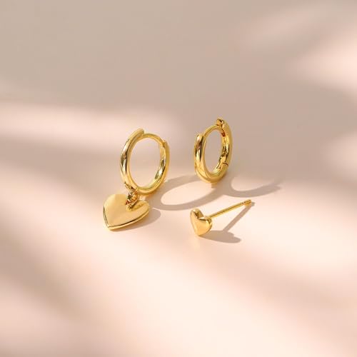 3 Pairs Earring Stacks, Gold Earring Set Jewelry Gift for Women | Small, 14K Gold/White Gold/Black/Rose Gold Plated, Hypoallergenic, Her, Everday, Stackable, Simple, 3 Holes - color: Gold-Heart