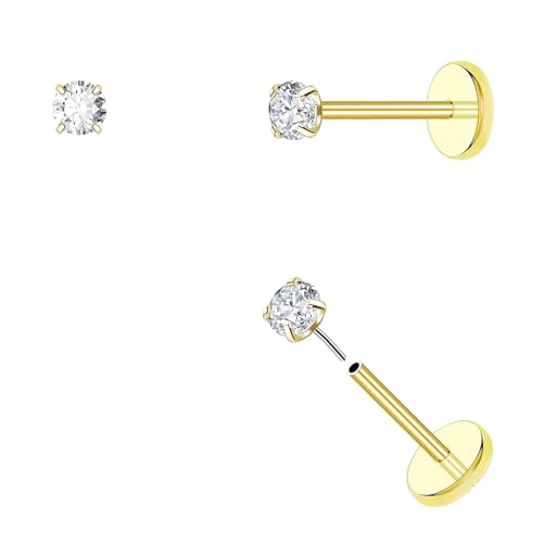 DAI JY 20G Threadless Flat Back Earrings hypoallergenic Titanium Small Stud Earrings Push-In CZ Nose Studs for Women Men Labret Cartilage Helix Conch Medusa Monroe Tragus Piercing Jewelry - color: Gold, size: 20g-2.5mm