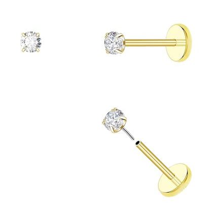 DAI JY 20G Threadless Flat Back Earrings hypoallergenic Titanium Small Stud Earrings Push-In CZ Nose Studs for Women Men Labret Cartilage Helix Conch Medusa Monroe Tragus Piercing Jewelry - color: Gold, size: 20g-2.5mm