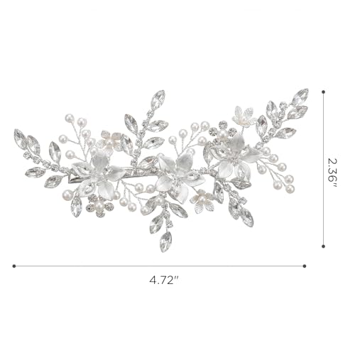 SWEETV Wedding Hair Clip for Brides Comb Bridal Hair Accessories Headpiece | Silver Handmade Flower Pearl Hair Comb Rhinestone Leaf Bridal Headpiece, Crystal Wedding Hair Pieces Brides Bridesmaids Women - color: Silver