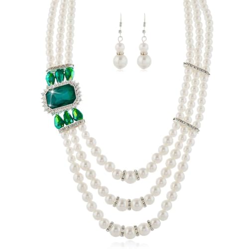 Aimimier 1920s 3-layered White Faux Pearl Necklace and Earrings Set with Crystal and Rhinestone Bridal Long Pearl Necklace Statement Women Jewelry - color: Emerald