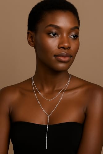 14K Gold Plated Y Necklace for Women – Dainty Lariat Long Pendant Chain, Layered Drop Necklace for V Neck Dress, Simple Sexy Cleavage Jewelry Gifts for Women - color: Silver - Double Layer - Bead