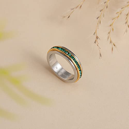 Muses Art Design Fidget Rings, Anxiety Rings, Spinner Rings, Band Rings with Birthstone, Stainless Steel, Women and Men, Meditation Rings, Thumb Rings, Stress Relieving and Anxiety Reducing - color: May - Emerald