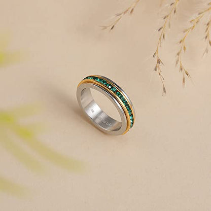 Muses Art Design Fidget Rings, Anxiety Rings, Spinner Rings, Band Rings with Birthstone, Stainless Steel, Women and Men, Meditation Rings, Thumb Rings, Stress Relieving and Anxiety Reducing - color: May - Emerald