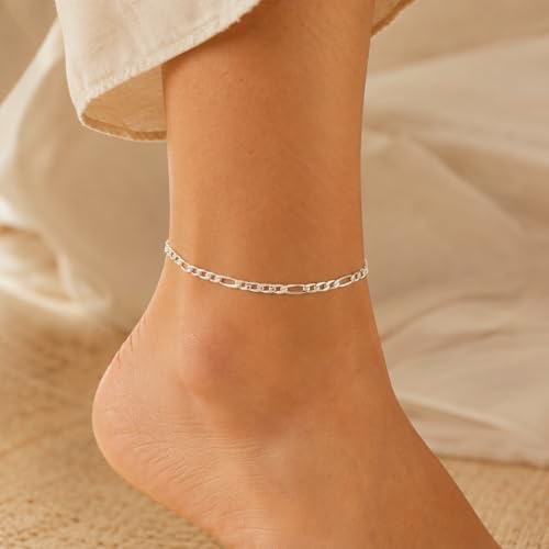 Silver Tone Figaro Anklet for Women, Adjustable Chain Ankle Bracelet, Chunky Link Foot Jewelry, Minimalist Layering Anklet for Summer Outfits, Beach, Vacation, Daily Wear