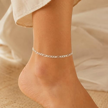 Silver Tone Figaro Anklet for Women, Adjustable Chain Ankle Bracelet, Chunky Link Foot Jewelry, Minimalist Layering Anklet for Summer Outfits, Beach, Vacation, Daily Wear