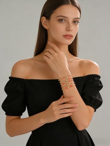 LOTSOF Bohemia Multilayer Beaded Bracelet Set, Turquoise Resin Colorful Surfer Heishi Style Elastic Spring Clasp Friendship Elastic Wristbands Summer Beach Boho Vacation Jewelry - color: Orange